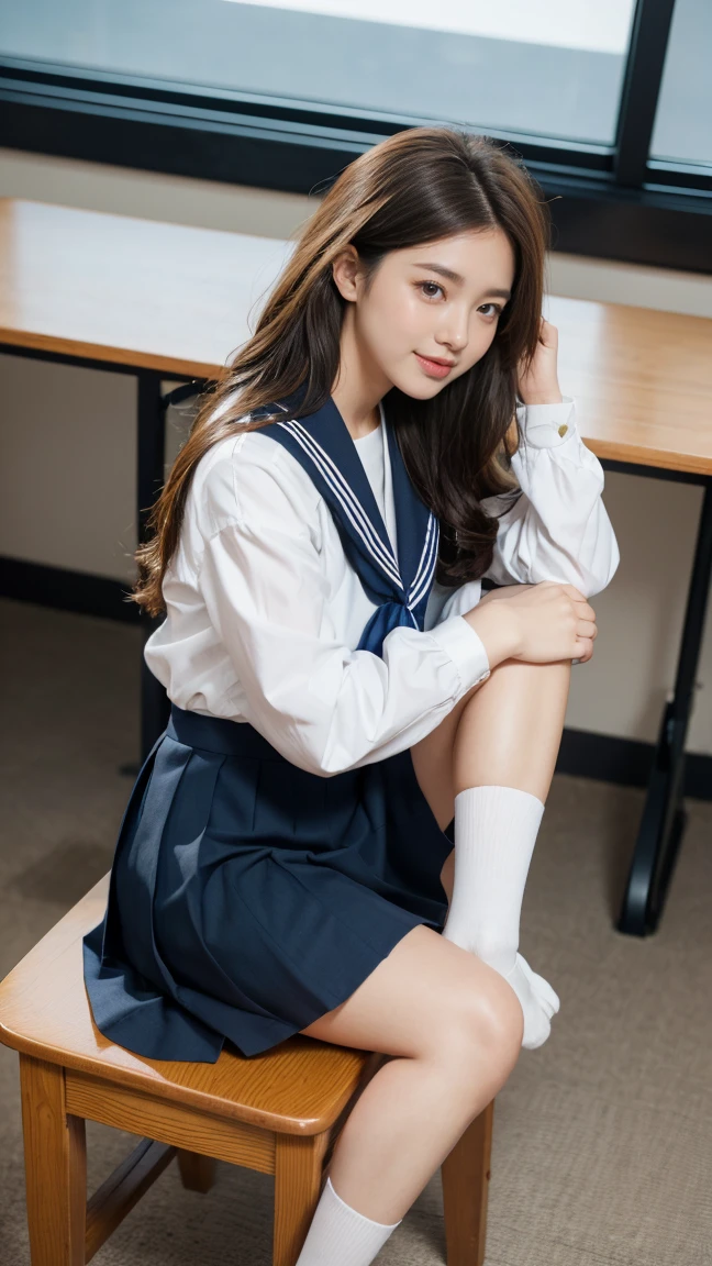 Highest quality,masterpiece,Ultra-high resolution,(Actual:1.4),Original photo,Ultra-high resolution，8K，There are women，Fair skin，Exquisite makeup，High heels，Long legs，Bright and beautiful,Super long brown hair,Hair with loose waves inside、reaching down to the waist、wearing student clothes、Long sleeve sailor suit worn by Japan 、blue cuffs、Dark blue mini pleated skirt, white socks、Black loafers、school classrooms、High school girl reading a book、a sailor suit、shy smile、Big Breasts、Place your left hand gently on your chin，look down at the viewer,from belowFrom an oblique angle above
