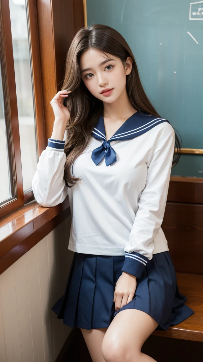 Highest quality,masterpiece,Ultra-high resolution,(Actual:1.4),Original photo,Ultra-high resolution,8K,There are women,Fair skin,Exquisite makeup,High heels,Long legs,Bright and beautiful,Super long brown hair,Hair with loose waves inside、reaching down to the waist、wearing student clothes、Long sleeve sailor suit worn by Japan 、blue cuffs、Dark blue mini pleated skirt, white socks、Black loafers、school classrooms、High school girl reading a book、a sailor suit、shy smile、Big Breasts、Place your left hand gently on your chin,look down at the viewer,from belowFrom an oblique angle above