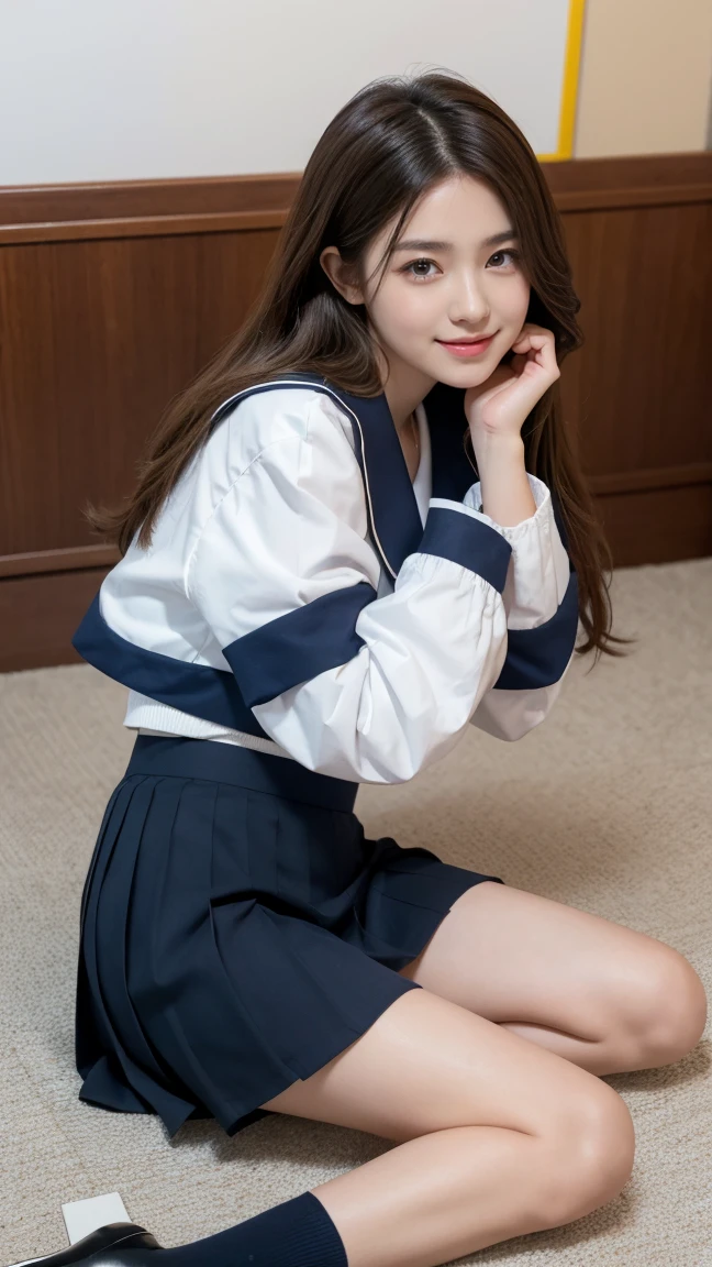 ((highest quality、8k、masterpiece:1.3)),((((cowboy shot)))),Ultra-high resolution,big eyes,Japanese,bangs,(a girl),(1 girl),((20 years old)),((facing at viewer)),(long hair),(((black sailor uniform))),grin,((squatting)),(((pleated mini skirt))),(((pussy))),((pubic hair)),((skirt lift)),(((short crew socks))),((black platform shoes))