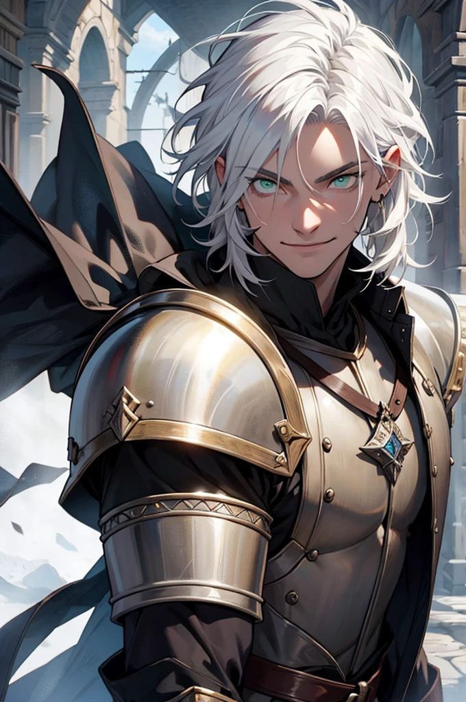 ,young, male, man, white, white hair, green eyes, armor dark medieval, medieval village atmosphere. medium hair, white hair, insane smile, insane eyes, blood in face, , 8k, super detail, accurate, best quality, high quality, high details, super detail, award winning, best quality, high resolution, textured skin, anatomically correct, masterpiece, accurate.