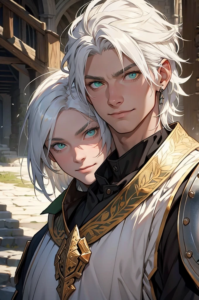 ,young, male, man, white, white hair, green eyes, armor dark medieval, medieval village atmosphere. medium hair, white hair, insane smile, insane eyes, blood in face, , 8k, super detail, accurate, best quality, high quality, high details, super detail, award winning, best quality, high resolution, textured skin, anatomically correct, masterpiece, accurate.