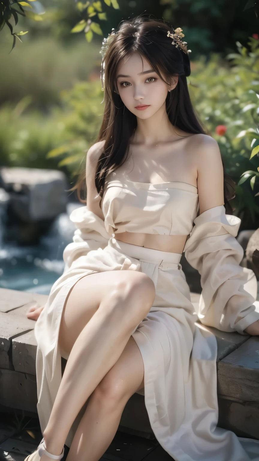 Hanfu-song, Hanfu, song theme, dredge, tube top, ((knee shot)), film portrait, 1 girl, bare shoulders, Shoulder-length wavy hair, plump breasts, split, slim sexy legs, serene, careful, (逼真detailed眼睛, natural skin texture, Realistic facial details), soft dramatic lighting, depth of field, bokeh, Vibrant details, detailed, surreal, 35mm film, anatomically correct, masterpiece, best quality
