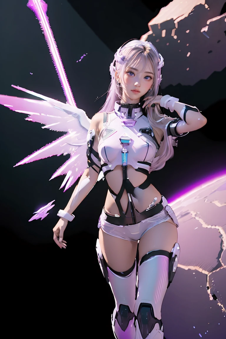 ((masterpiece, best quality, extremely detailed), volumetric lighting, ambient occlusion, colorful, glowing), 
((2girls)),  young girls, (purple white gradient long hair),  halo, aura, sacred, goddess, cyber suit, (white outfit:1.3), android, bot, angel wings,
outdoors, sunset, sky, clouds, space, (cyberpunk theme:1.2),