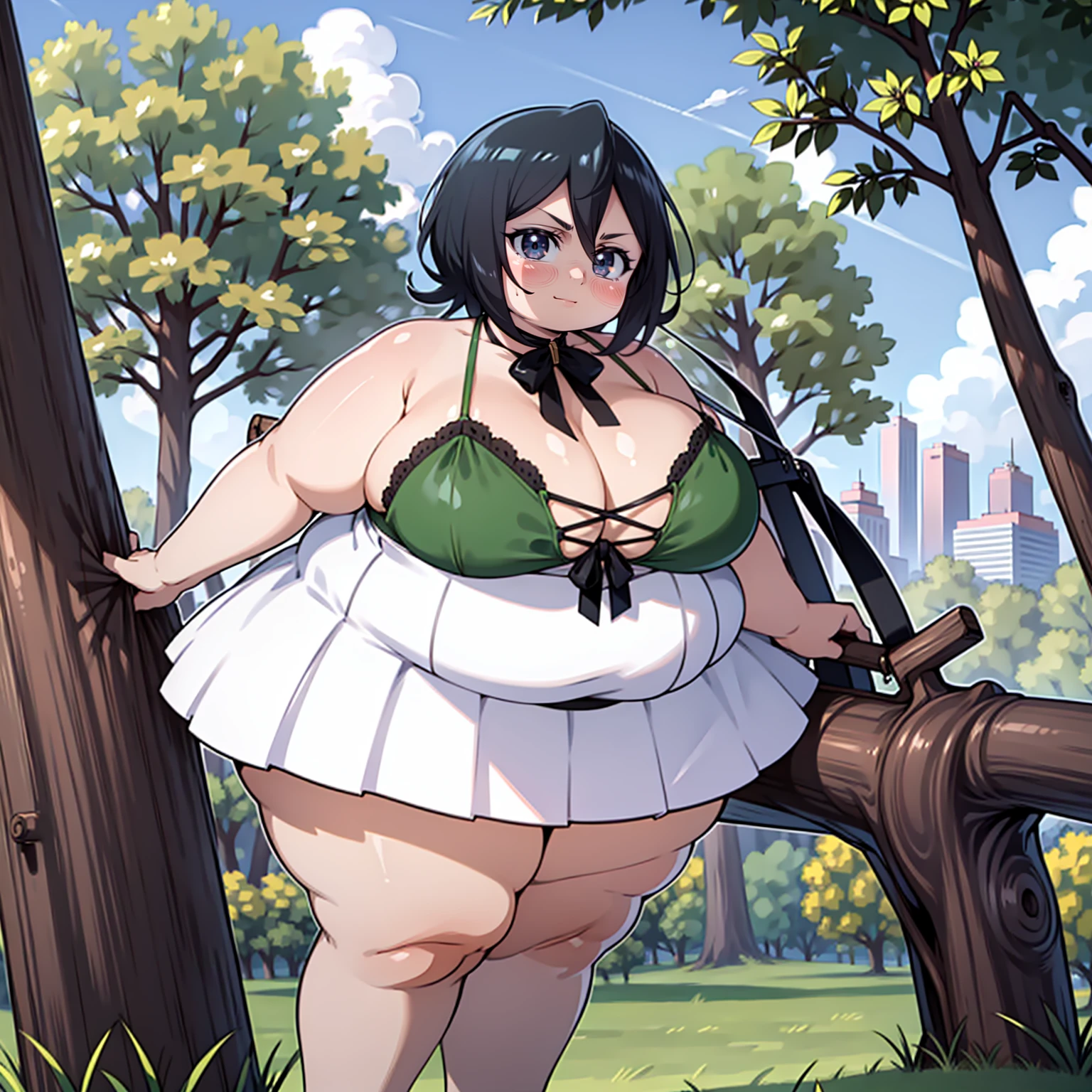 The background is a city., perfect by white girl, loli in dress, by white, by white god, cute anime waifu with short , ((huge giant )), Best Anime Wallpaper 4K, little obese loli, black girl hair, standing on a tree, in a park, super detailed face,