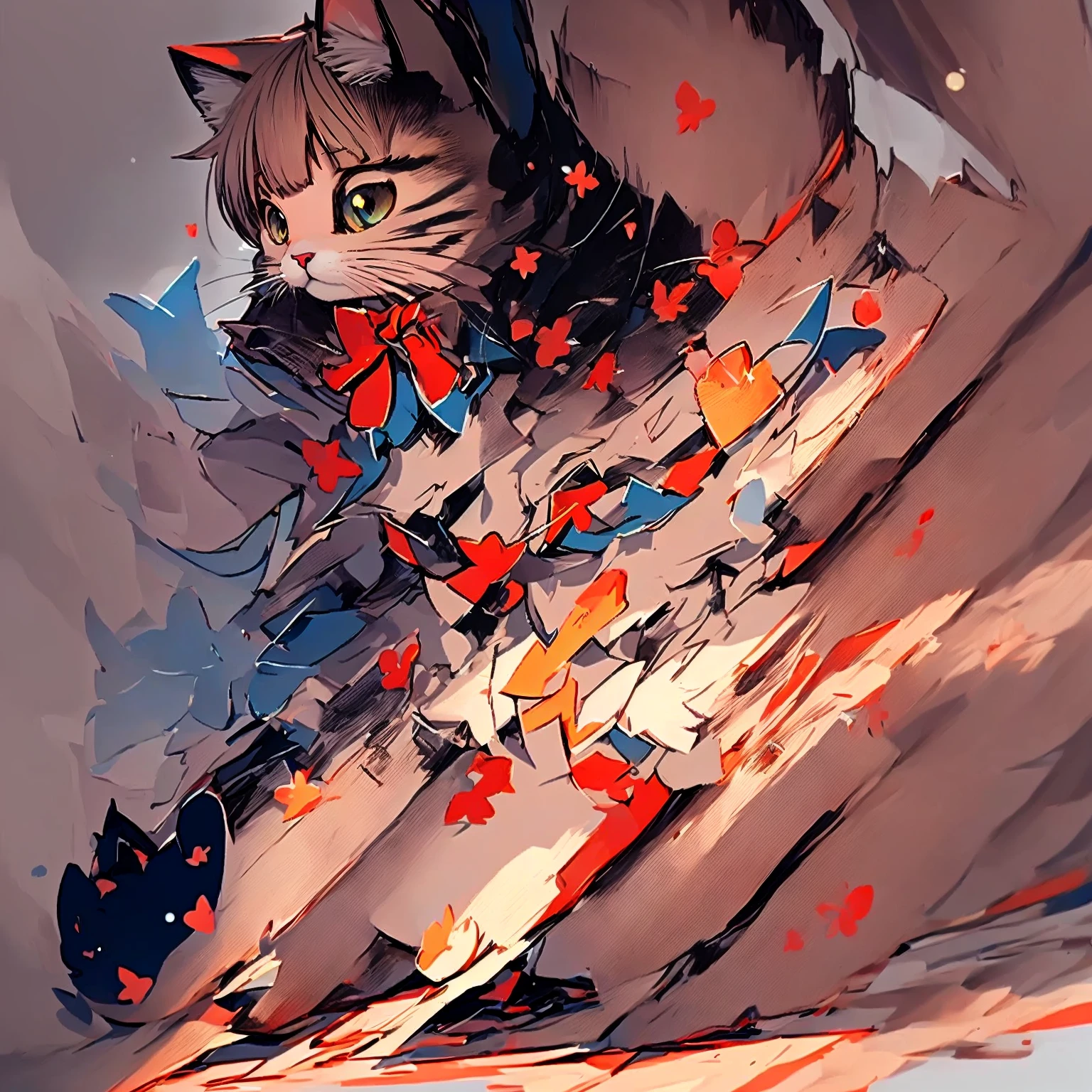 Anime Cat with a bow tie sitting on the ground, Cute and detailed digital art, Cute cat anime visuals, Cute and detailed artwork, Cute digital art, Anime Cat, Adorable digital painting, Digital art on pixiv, artstation pixivでトレンド, Cute art style, pixiv Contest Winner, Kuvisiato, by Ryan Yee, anime art wallpaper 4k