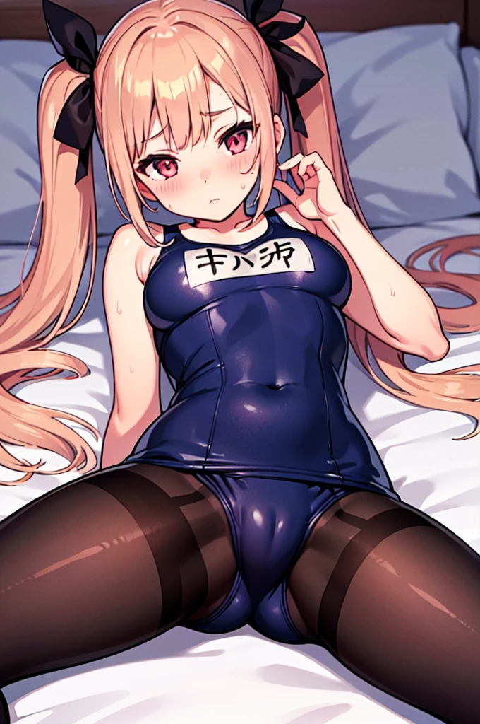 masterpiece, best quality, ultra detailed,,1girl, blush, sweat, hair ribbon, long hair, twin tails, ((school swimsuit)), pantyhose, slender, lie on bed, spread legs