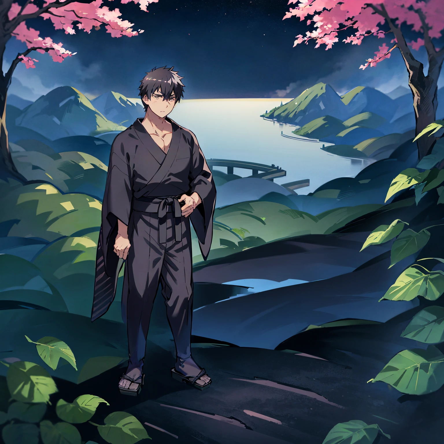Japanese man, young man standing on hill, looking at beautiful view, picturesque Japanese cityscape, anime-like image, high resolution, fantastic atmosphere, facing you, Shinkai Makoto, Shinkai Makoto style, young man standing on right side, thin young man, serious expression, black rimmed black hair, dark blue kimono kimono, black obi, black geta (Japanese clogs), figure is on right side, left side empty.