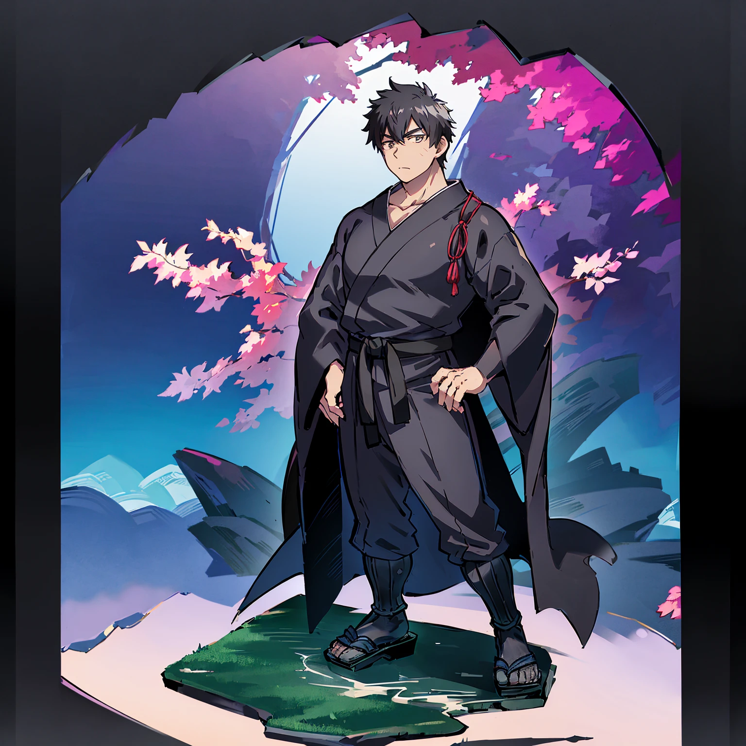 Japanese man, young man standing on hill, looking at beautiful view, picturesque Japanese cityscape, anime-like image, high resolution, fantastic atmosphere, facing you, Shinkai Makoto, Shinkai Makoto style, young man standing on right side, thin young man, serious expression, black rimmed black hair, dark blue kimono kimono, black obi, black geta (Japanese clogs), figure is on right side, left side empty.