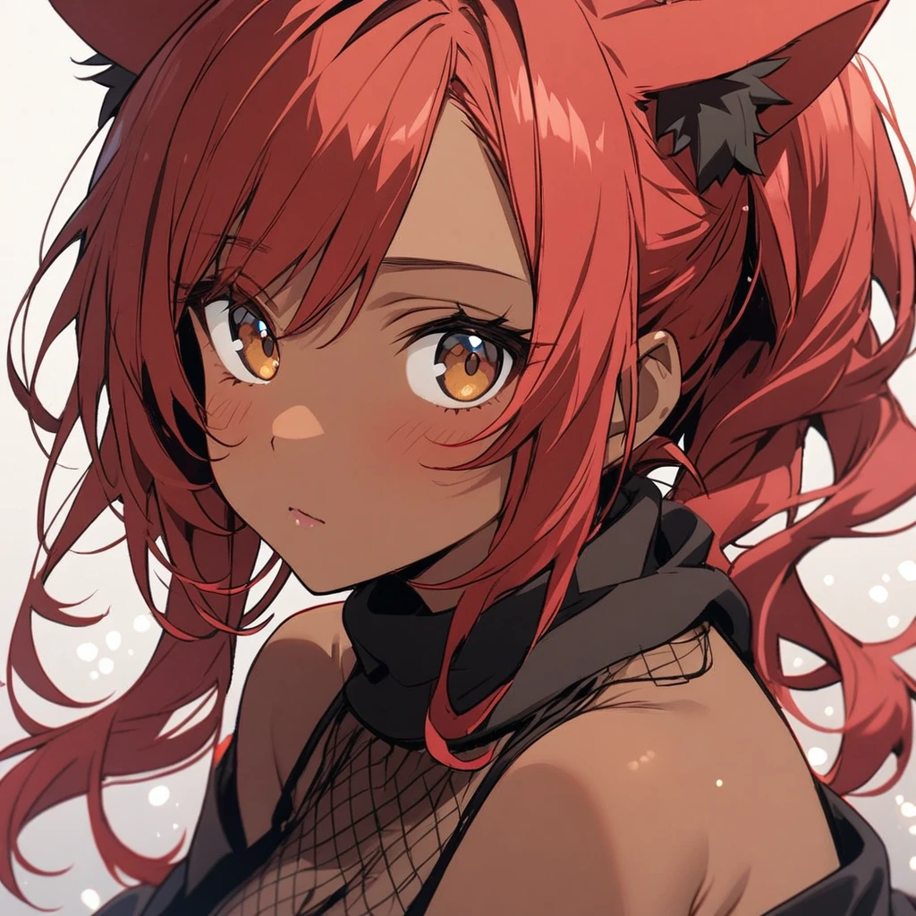 Girl, red hair, dark skin, cat ears, brown eyes, beautiful