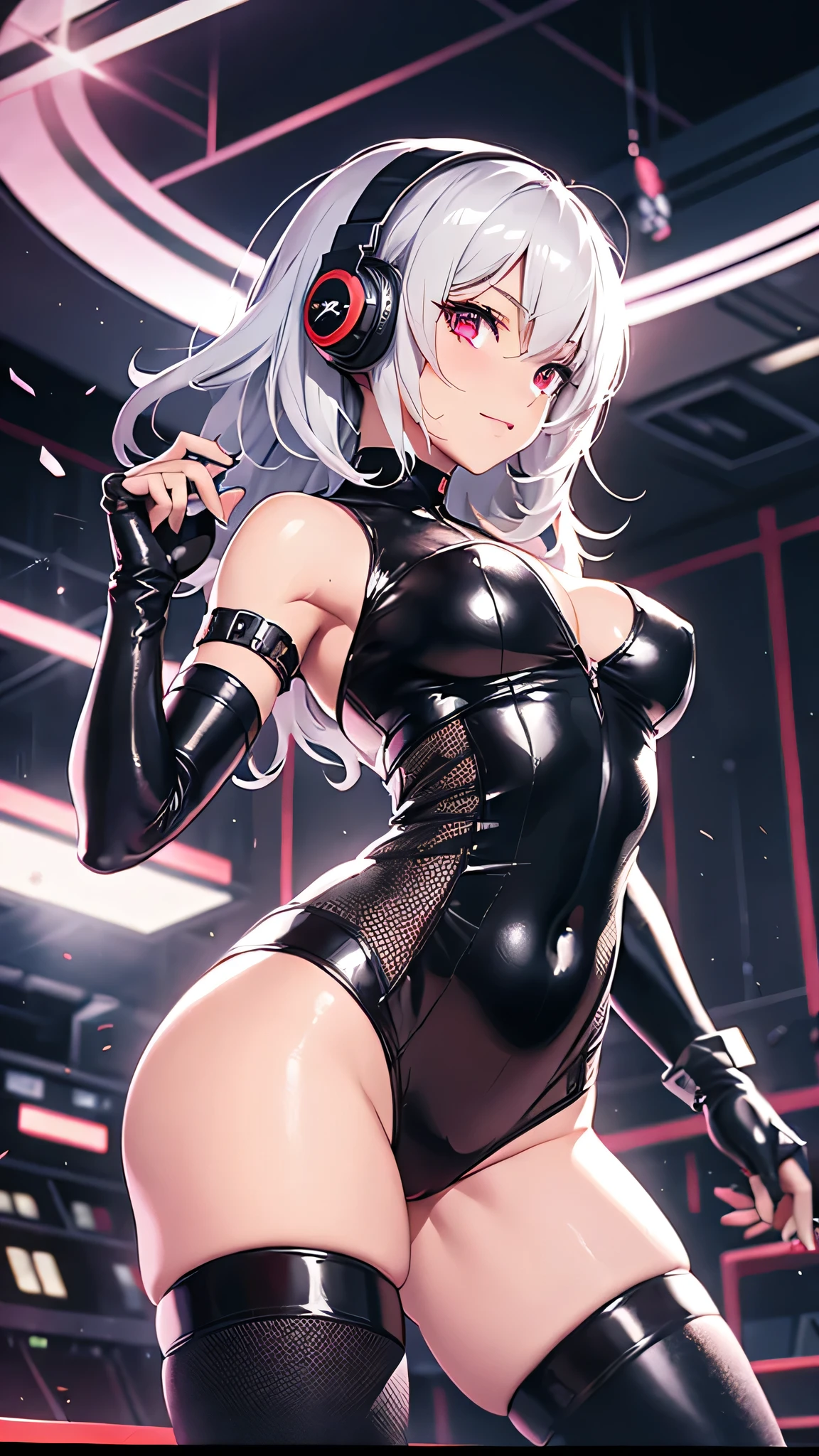Highest quality、Highest quality、Masterpiece、girl((20-year-old、as soon as、Highest Bust、Medium Bust、Wide open chest、Red glowing eyes、Light Silver Hair、Shortcuts、Loincloth、thin、The best valley、Open chest、Full body view、Leather Tank Top、Leather pants、Smile、Leaning forward greatly,Perforated gloves、A tense face、Red headphones、Sexy pose、Accentuate your butt))、high quality、Beautiful Art、background((Racer venue))、flight、Flying Debris、Depth of text、movie、Visual Arts、Perfect Art、8K、Genuine、