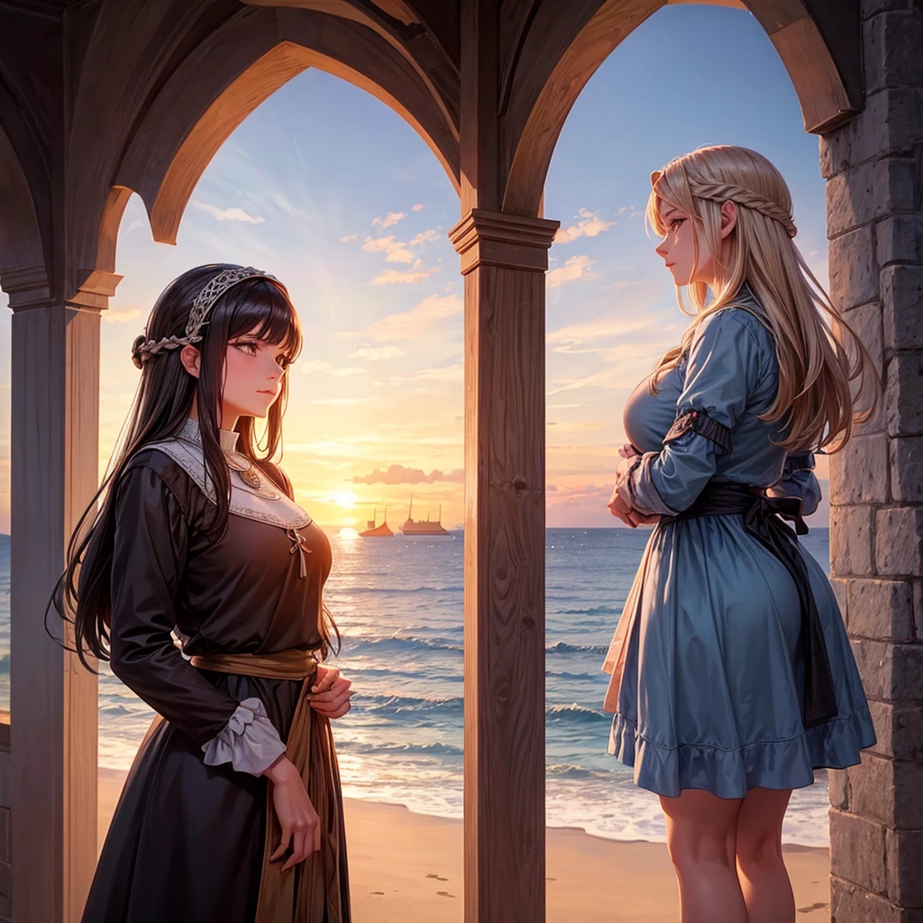 a pensive woman looking at the sea on the beach, with a sunset in the medieval era with a view of the castle on the left and the woman is seen looking at the ship