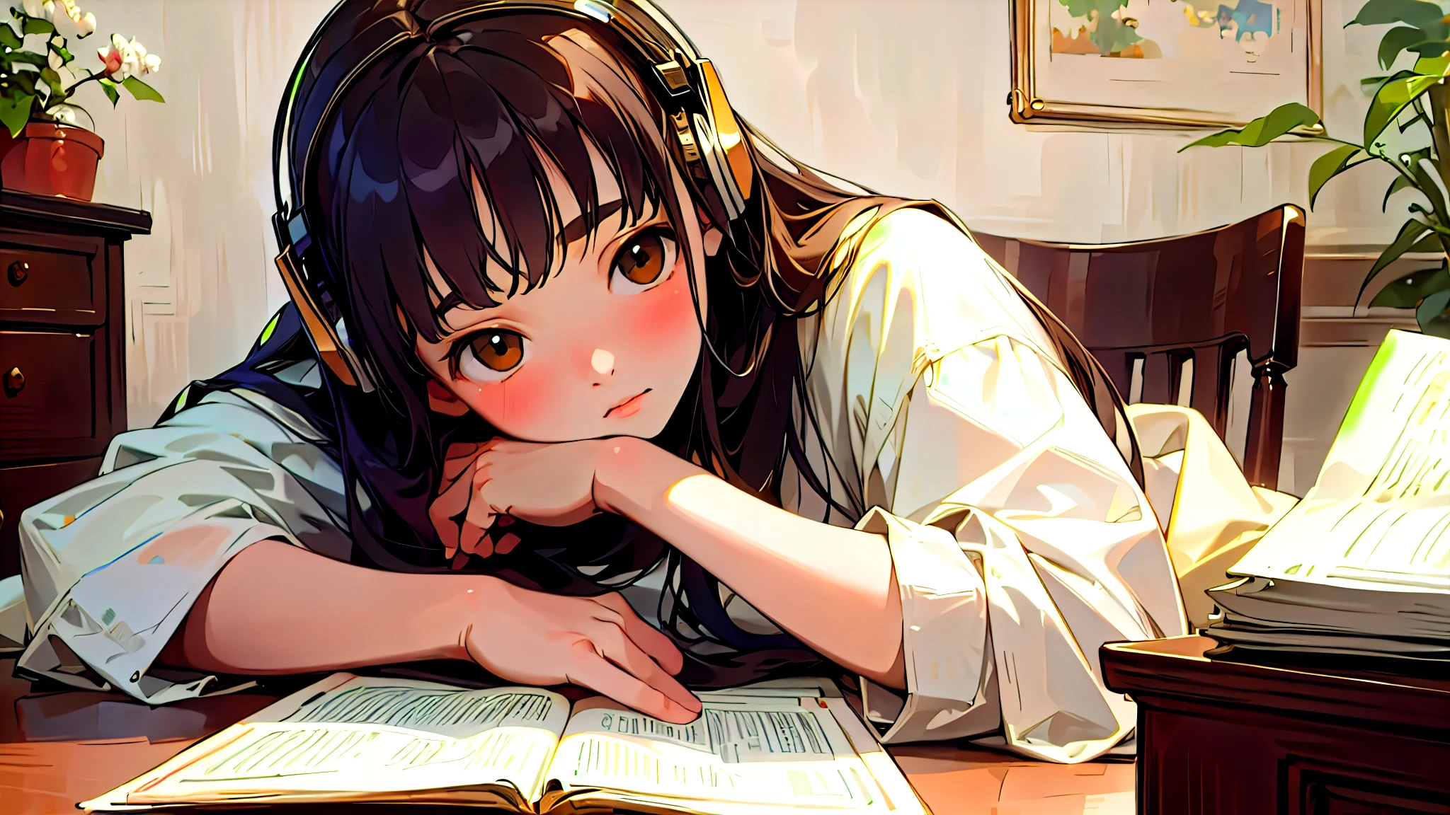 (Highest quality, masterpiece, Ultra-realistic), Beautiful and delicate15Year-old girl portrait, With a calm and gentle expression, The background scene shows me studying at my desk in my room at home.。While listening to music with headphones、studying。