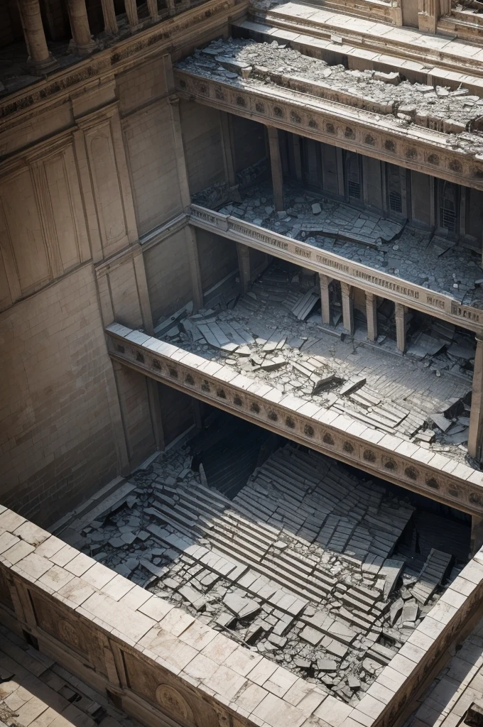 A destroyed hall seen from above made of stone