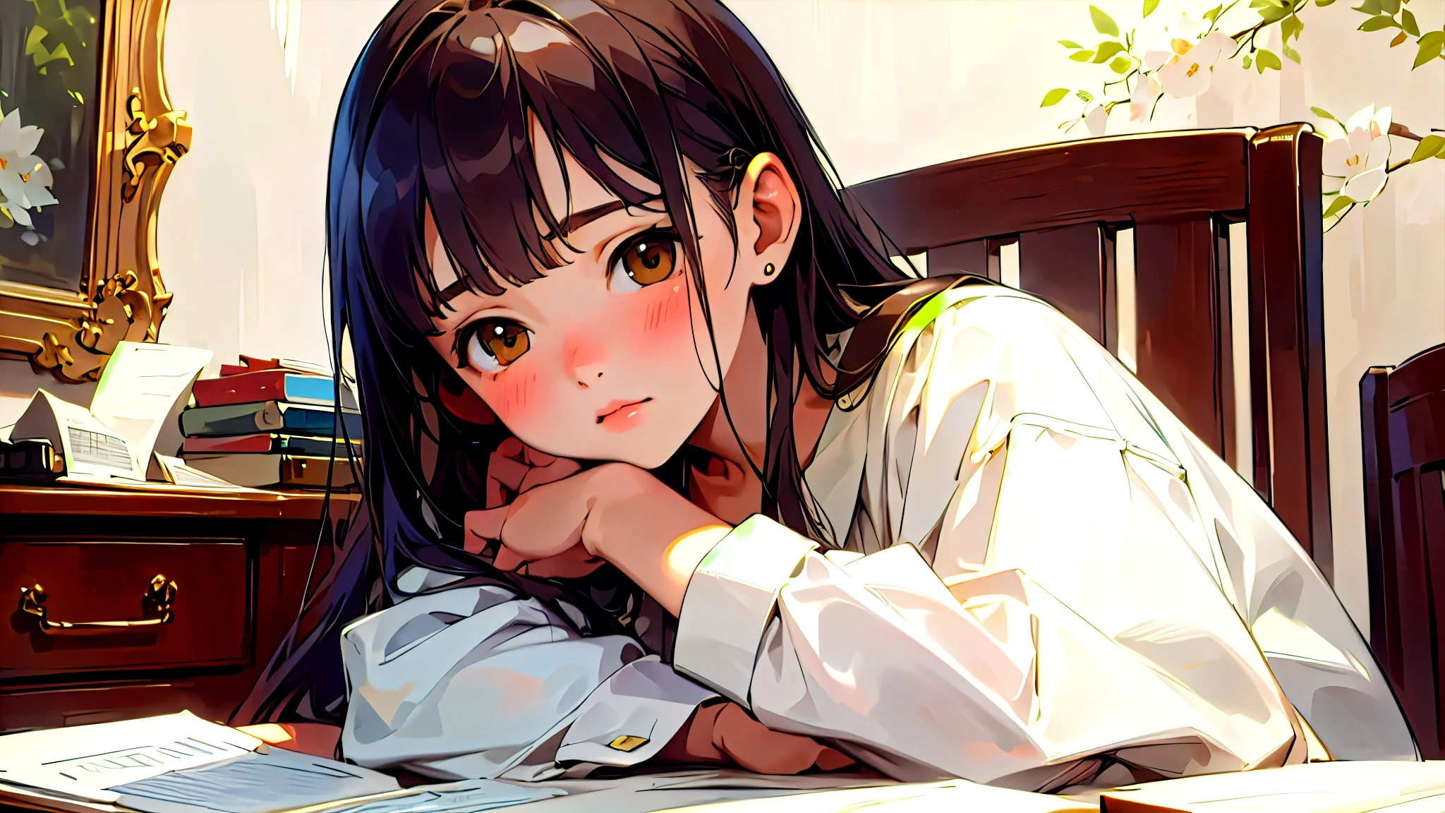 (Highest quality, masterpiece, Ultra-realistic), Beautiful and delicate15Year-old girl portrait, With a calm and gentle expression, The background scene shows me studying at my desk in my room at home.。While listening to music with headphones、studying。