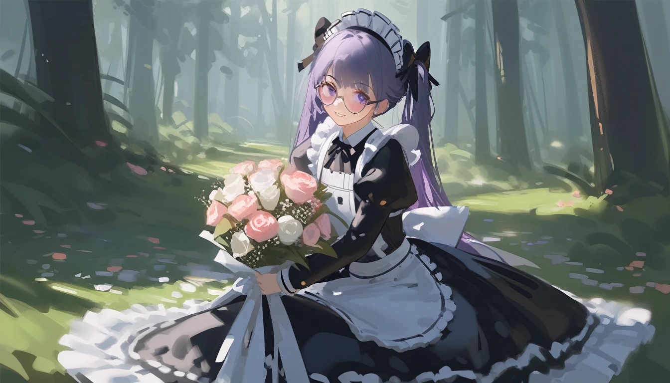 Ciloranko,  wlop, 1girl,  独奏,  flower,  bouquet,  purple eyes,  maid headdress,  looking at viewer,  maid,  apron,  full body, long hair, twintails,  holding,  white background,  long sleeves,  holding bouquet,  dress,  bow,  juliet sleeves,  puffy sleeves,  blush,  Spring Flowering Forest, parted lips,  frills,  ribbon,  two side up,  hair bow,  maid apron one girl, super high quality, Super Detail, Super Detailed image, long hair, looking at viewer, skirt, shirt, hair ornament, violet eyes,black gloves, round glasses, long sleeves,violet hair, round glasses, Flat Chest, smile