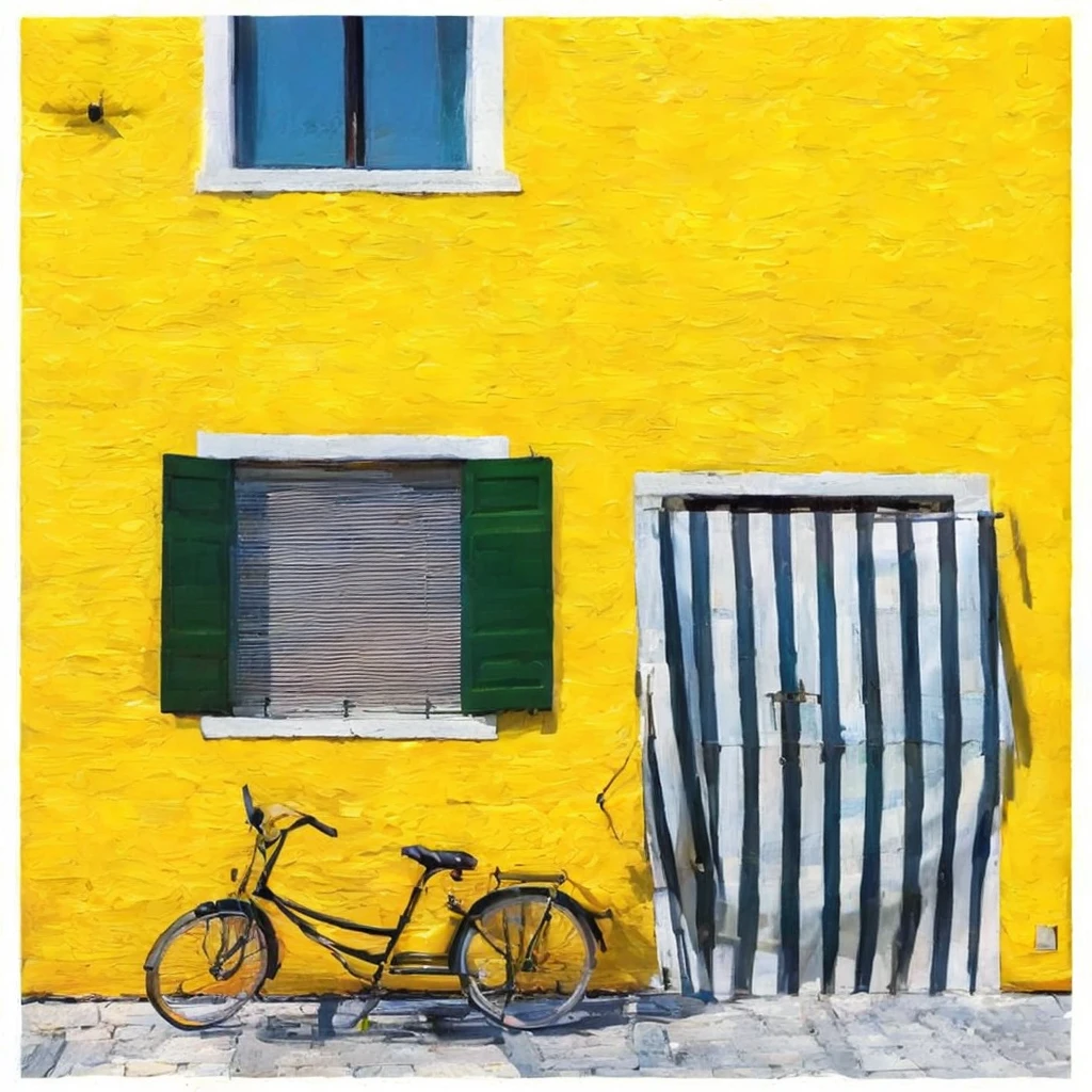 masterpiece, ultra detailed, beautiful, distinct, best aesthetic, super fine illustration, vibrant yellow wall, green shutters, striped awning, red flower pot, windowsill, orange bicycle, cobblestone ground, bright colors, vivid architecture, simple bicycle, #drawing style: Mixed Media #painting method: Impasto, pointier painting method, pointillism technique, repoussoir, Sfumato, Detailing oil pastel art, impressionism, Van Gogh style, Detailing digital painting