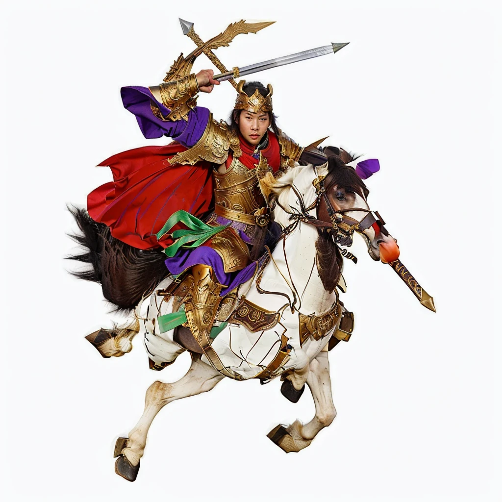 an ancient chinese young warrior, wearing gold color armour, warrior riding a horse, holding a word and a spear, red cape, purple robe