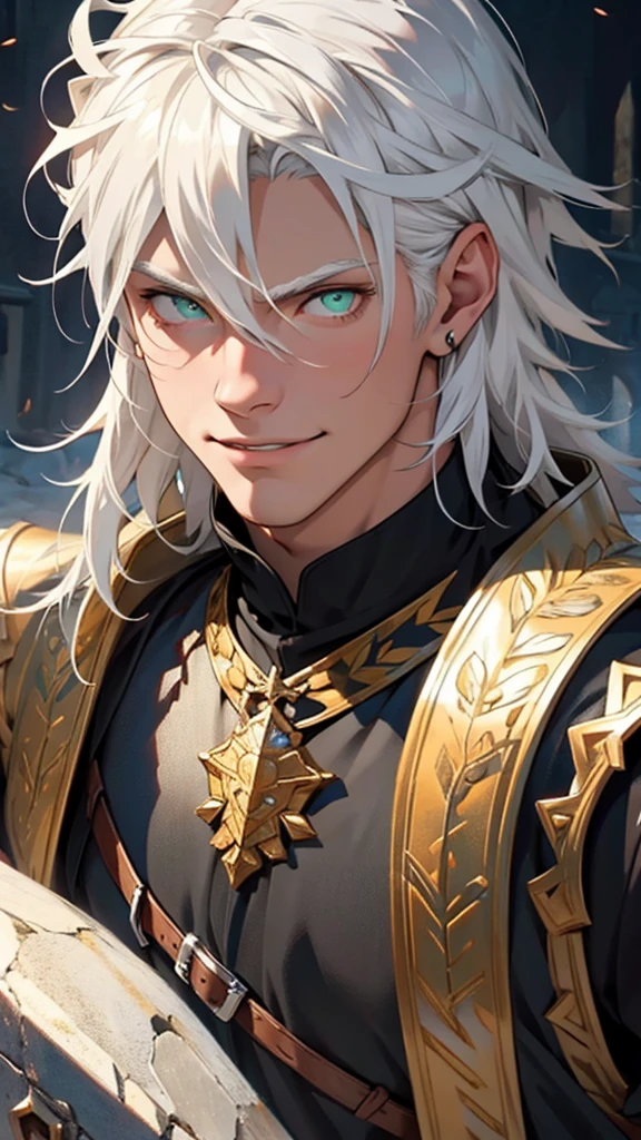 ,young, male, man, white, white hair, green eyes, armor dark medieval, medieval village atmosphere. medium hair, white hair, insane smile, insane eyes, blood in face, , 8k, super detail, accurate, best quality, high quality, high details, super detail, award winning, best quality, high resolution, textured skin, anatomically correct, masterpiece, accurate.