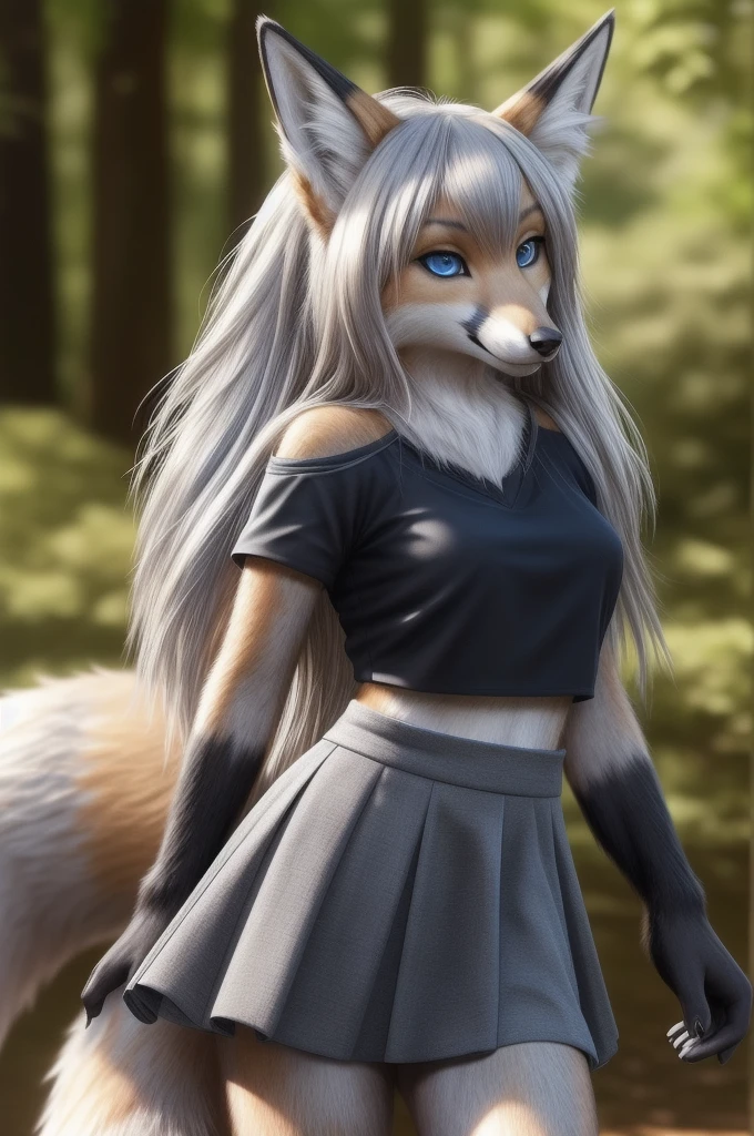 long silver hair, blue eyes, skirt and a black top,((fur, fox snout, fox girl,silver fur,)), (human),(((super realistic, realistic, photorealistic))), female kitsune, fox
