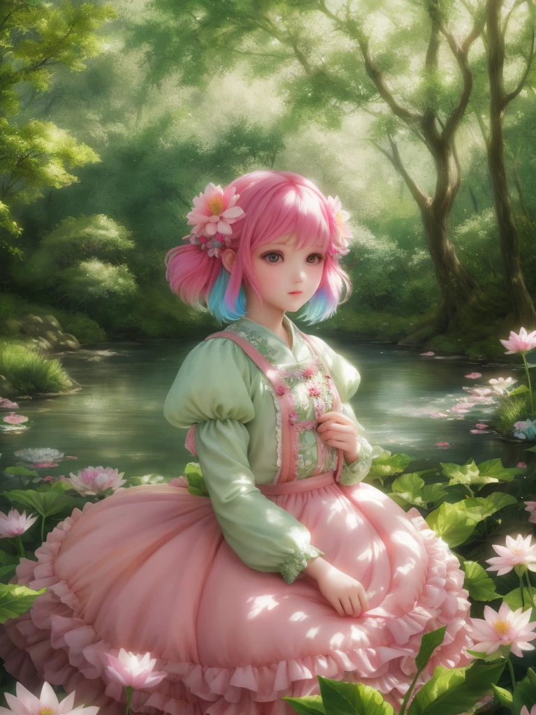 girl in a forest with floating flowers, river, puffy, puffy cheeks, cute,Fairy Flowerdress pinkhair
vibrant colors, colorful art style, pinkdress
soft lighting, soft shadows, detailed textures, dynamic lighting,
nice hands, perfect hands,