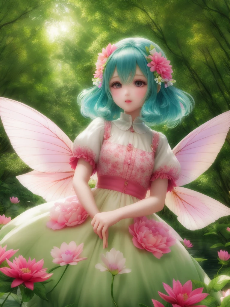 girl in a forest with floating flowers, river, puffy, puffy cheeks, cute,Fairy Flowerdress pinkhair
vibrant colors, colorful art style, 
soft lighting, soft shadows, detailed textures, dynamic lighting,  
nice hands, perfect hands, 
