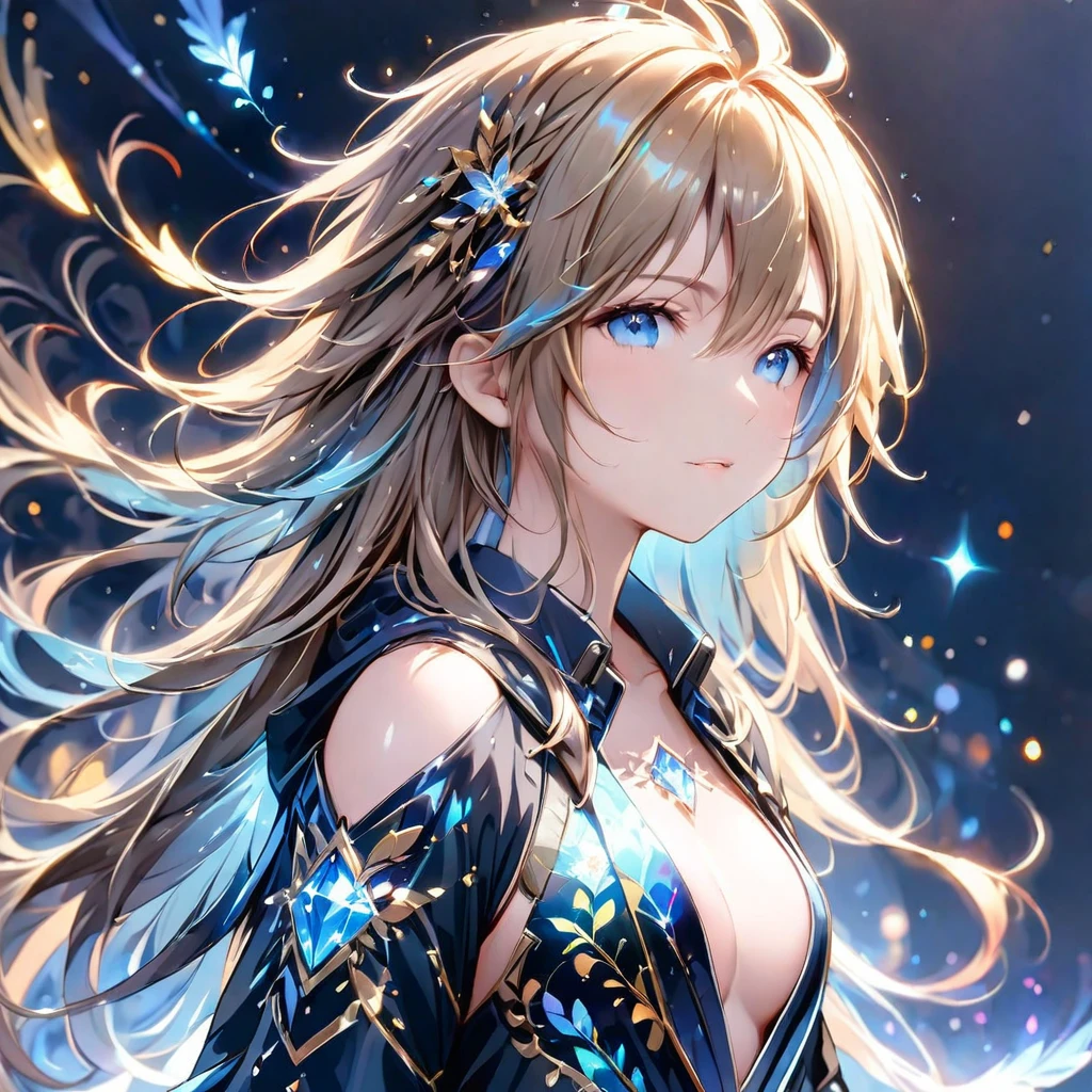 (8K, Highest quality, masterpiece:1.2),(Highest quality:1.0), (Ultra-high resolution:1.0), watercolor, Beautiful woman, shoulder, Costumes adorned with light refraction、Twinkling of the stars、Diamond Sparkle、Hair Ribbon, Agnes Cecil, Half Body Portrait, Super bright design, pastel colour, (ink:1.3), Autumn Light,