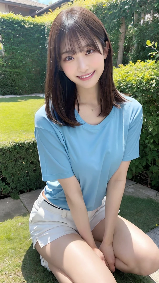 (Ultra-realistic), (An illustration), (high resolution), (8K), (very detailled), (最高のAn illustration),(CRU photo, best qualityer), (真实感, photorrealistic:1.4), Masterpiece artwork, Very delicate and beautiful, extremely detaild, 2k wallpaper, incredible, fine-details, very detailledなCGユニティ8kの壁紙, super verbose, high resolution, beautiful detailed girl, very detailledな目と顔, Beautiful detailed nose, beautiful detailed eyes,cinematic lighting,Perfect Anatomia,Perfect promotion,(a shy smile, beautiful face), ((perfect legs, perfect legs, perfect hands, perfect hands指, perfect arms, a shy smile, The mouth is perfect)), looking directly at the camera, Ear fringes and fringes、necklase、 (((beautiful japanese girl)))、 ((((((Uma beautiful japanese girl de 27))))))、(((Huge G breasts))), (((Bursting with huge breasts!!!!))), (((attractive big breasts!!!!!!!))), (((huge boobies))), (((Full body writing))), (((pose sitting on the grass))), ((photo only)), ((Bblack hair)), (((slenderbody))), (((Wearing a light blue t-shirt and white shorts, black sandal))), ((((beautiful smiling)))), (((in garden)))