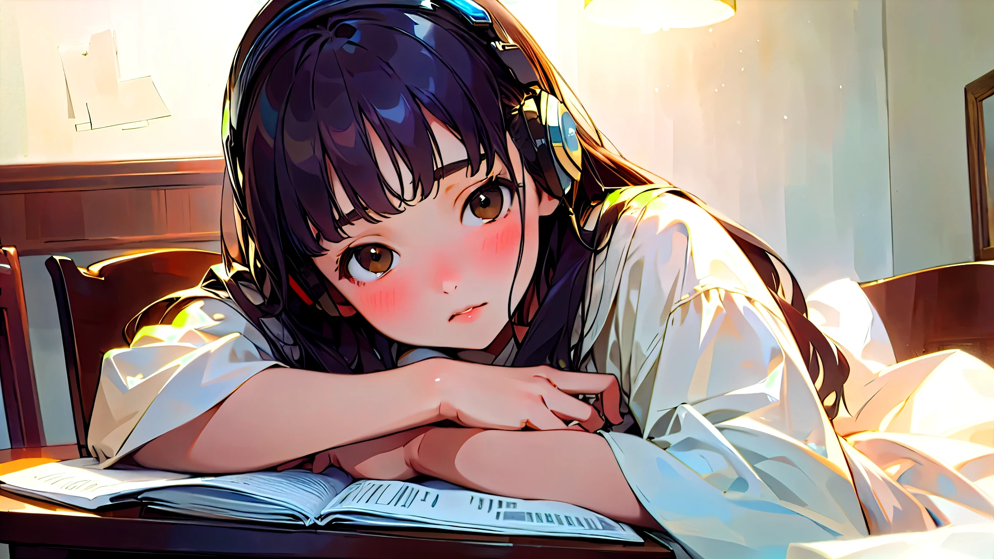 (Highest quality, masterpiece, Ultra-realistic), Beautiful and delicate15Year-old girl portrait, With a calm and gentle expression, The background scene shows me studying at my desk in my room at home.。While listening to music with headphones、studying。