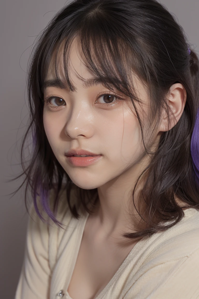 (32k) 16k, 8k, 4k, super fine face, small mouth, lip biting makeup, effeminate, purple hair, purple eyes, high resolution, perfect. Portrait. 1girl,