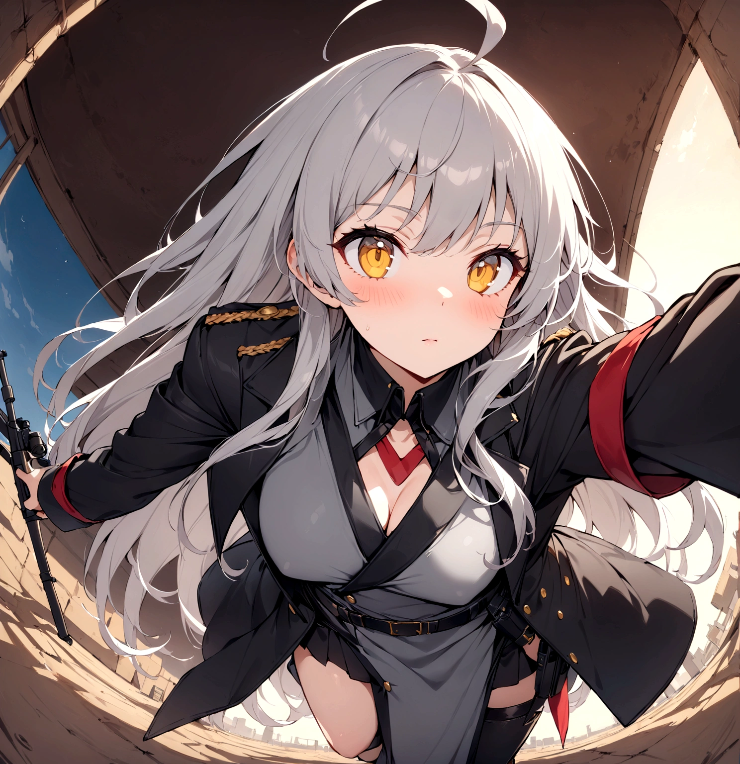 (masterpiece, best quality:1.2),Expressionless、 1girl, 独奏,Black military uniform、Grey long hair、Ahoge、Yellow Eyes、Ready your gun?、sniper rifle、Background of military bases、Fisheye Lens(masterpiece, best quality:1.2),Expressionless、 1girl, 独奏,Black military uniform、Grey long hair、Ahoge、Yellow Eyes、Ready your gun?、sniper rifle、Background of military bases、Fisheye Lens