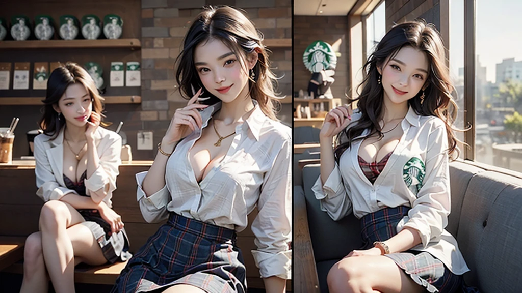8K、RAW Photos、Highest quality、Super detailed、Super Resolution、Ultra HD、8K壁紙、Amazing details American blazer uniform girl ((White blouse with formal collar, Blue blazer, Red Check Skirt, Red checkered ribbon on blouse)), Complete limbs, Full Finger,
((((Inside the Starbucks store))))、16 year old female student、((Eat cake、Drink coffee、smile))、Heart Necklace、Gold bracelet
(((Emphasize cleavage)))
(((Woman sitting at the window seat)))