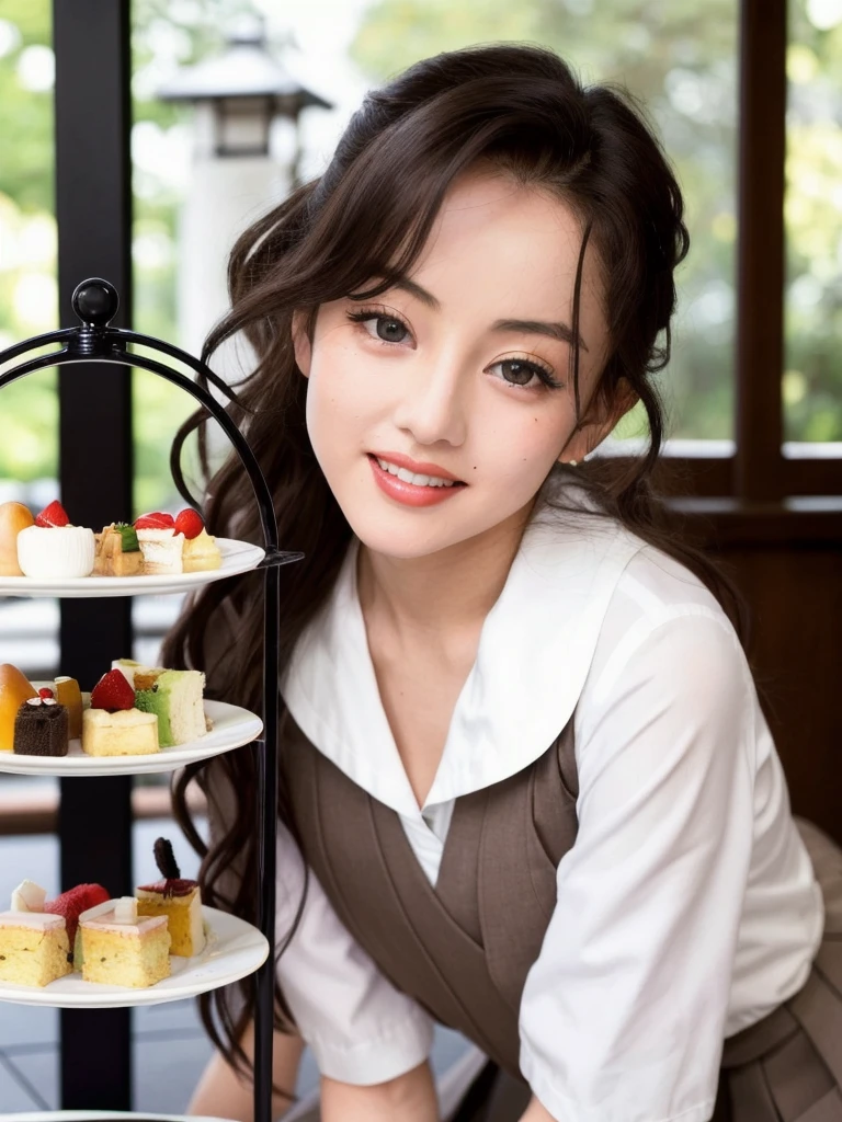 masterpiece,best quality,higher, Super sexy super cute Japanese girl、Hot, erotic and sexy lips、Big eyes、Drooping eyearilyn (;marilyn monroe face)、ASİAN,(brown race),dark skin,Dark brown, loosely wavy llong hair,1girl,NDGE、ponytail、Super big、sexual excitement、(((Japanese school girl uniform、High-end cafe、Afternoon tea)))、(((Super big)))Cute smile