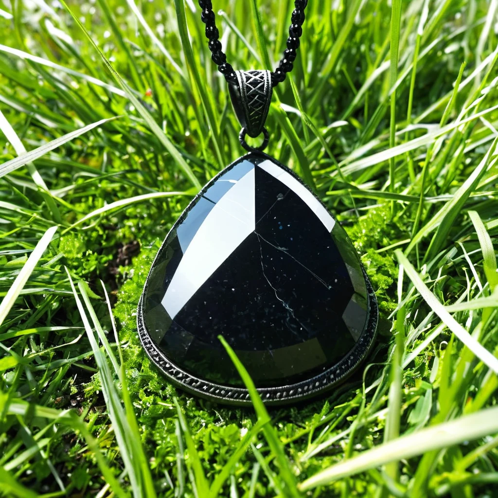 black stone pendant lying in the grass