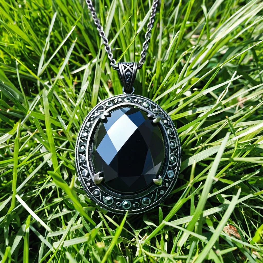 black stone pendant lying in the grass