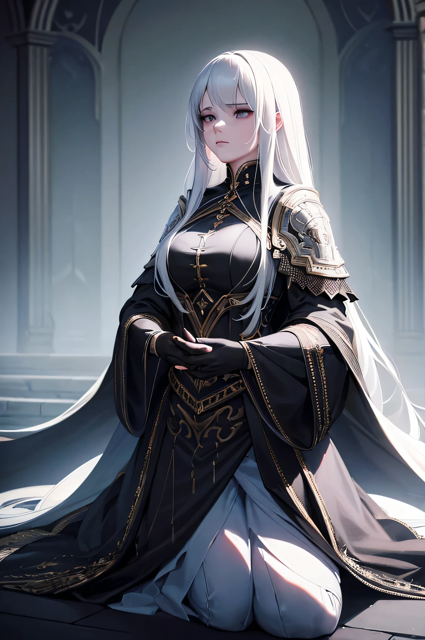 a perfect featured girl, long white hair, black armored dress, kneeling and praying to god, highly detailed, intricate details, realistic, photorealistic, 8k, masterpiece, cinematic, dramatic lighting, volumetric lighting, chiaroscuro, portrait, fantasy, digital art