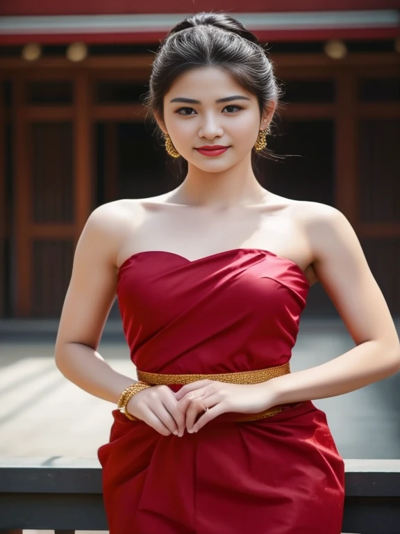 ภาพระยะใกล้ของผู้หญิงlong hairชาวเอเชียตะวันออกเฉียงใต้ที่มีใบหน้ากลม,ผมหางม้า long hair,float up, black eyes, staring at the viewer, abdominal muscles, shiny body, Large chest 36 inches, morning sun, (sexy poses), ((face details)), Double eyelids, realistic, Masterpiece, Highest quality, lens flare, shade, [[Chromatic aberration, digital painting, 8K, 45,000,000,000 pixels, Thai chat set, Strapless top, long hair,black eyes,abdominal muscles, The body is beautiful and strong., rounded chest, (digital painting, HDR, high contrast