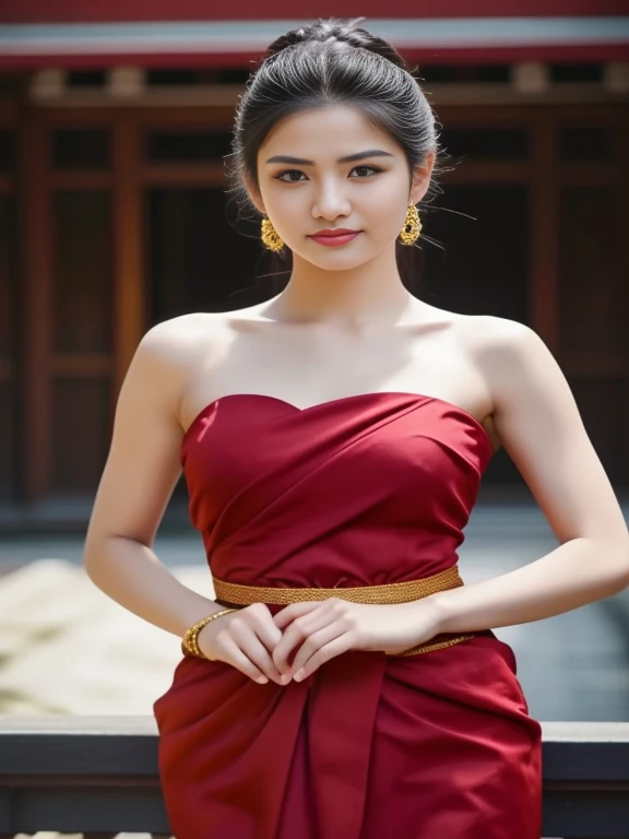 ภาพระยะใกล้ของผู้หญิงlong hairชาวเอเชียตะวันออกเฉียงใต้ที่มีใบหน้ากลม,ผมหางม้า long hair,float up, black eyes, staring at the viewer, abdominal muscles, shiny body, Large chest 36 inches, morning sun, (sexy poses), ((face details)), Double eyelids, realistic, Masterpiece, Highest quality, lens flare, shade, [[Chromatic aberration, digital painting, 8K, 45,000,000,000 pixels, Thai chat set, Strapless top, long hair,black eyes,abdominal muscles, The body is beautiful and strong., rounded chest, (digital painting, HDR, high contrast