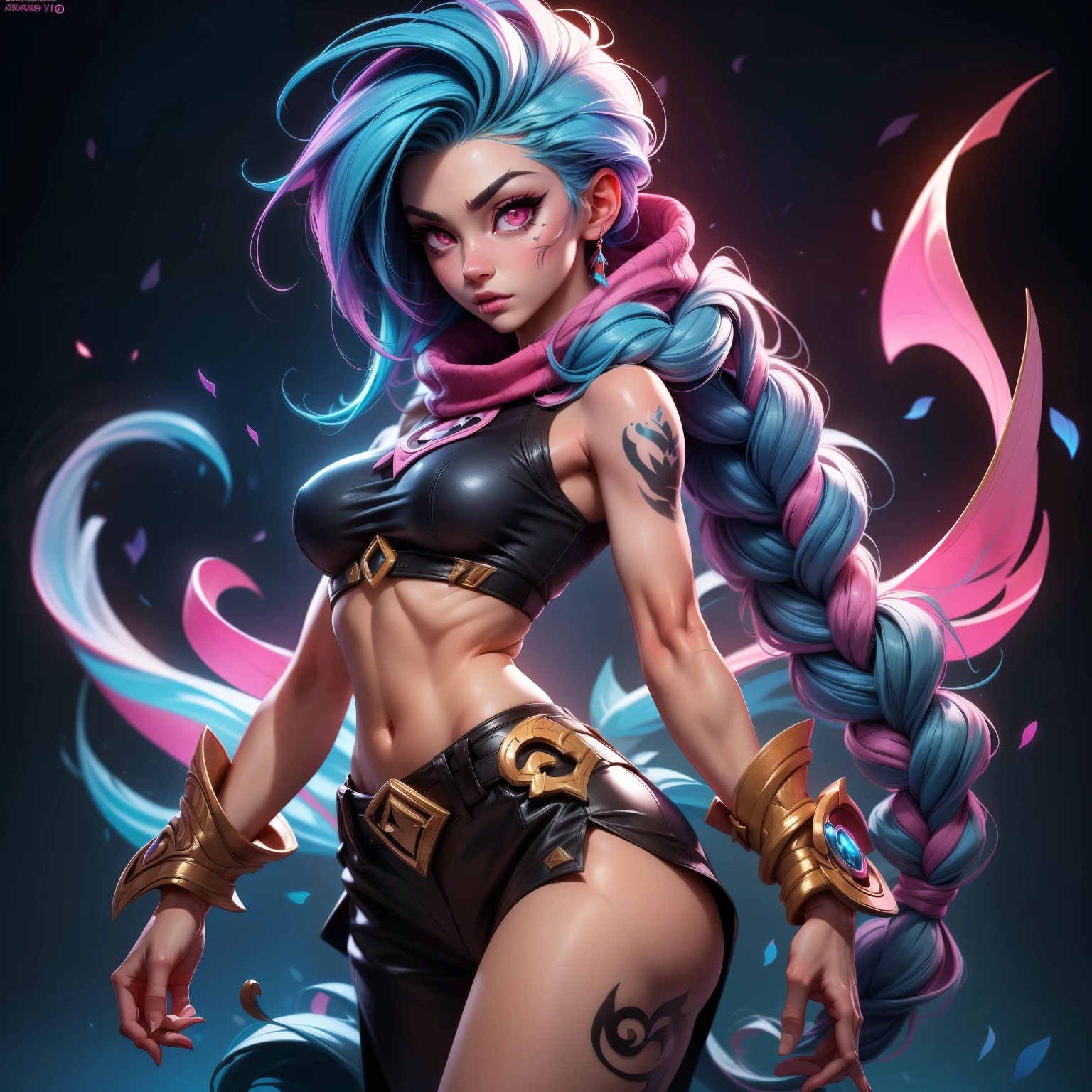 (A high resolution), (absurderes), (Best quality), (High quality), (Masterpiece), (1boy), , Glowing eyes, Pink eyes, Blue hair, Long hair, Double up braid, Jinx \(League of Legends\), arm tattoos, Crop top underboobs , Medium breasts, arms back behind, seductive body. Sexy .