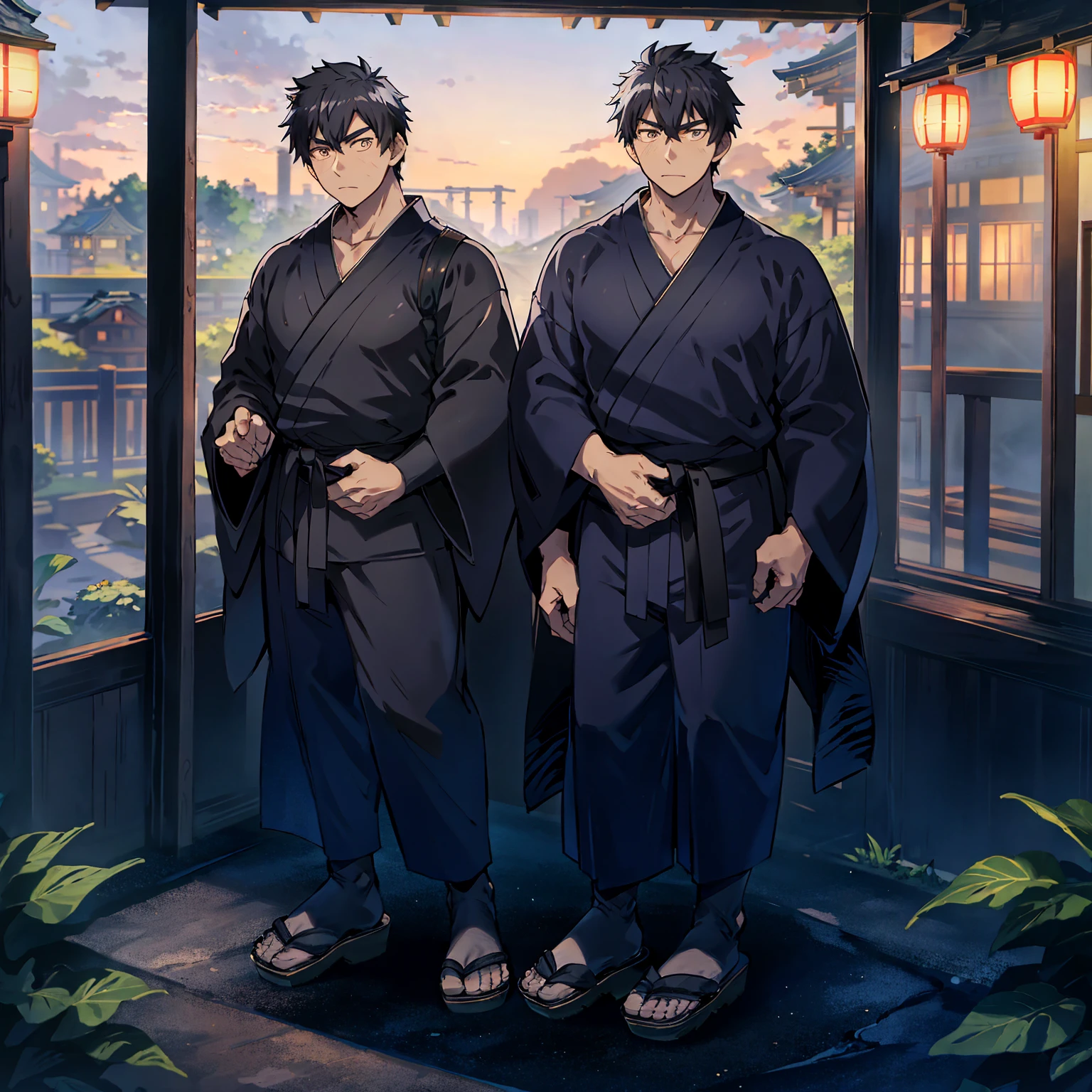 Japanese man, young man standing on hill, looking at beautiful view, picturesque Japanese cityscape, anime-like image, high resolution, fantastic atmosphere, facing you, Shinkai Makoto, Shinkai Makoto style, young man standing on right side, thin young man, serious expression, black rimmed black hair, dark blue kimono kimono, black obi, black geta (Japanese clogs), figure is on right side, left side empty.