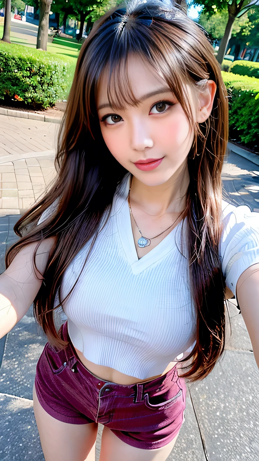seed:4195271995,((Full Body Angle:1.1)),((Highest quality, 8K, masterpiece: 1.3)), concentrated: 1.2,Front hair:1.3, Cute girl 1,Nipples erect、 Perfect beauty: 1.4,Colorful ribbed knit half-zip T-shirt、Shorts,: 1.2,Randall Color、comics&Text Graphics、Black,1.1, Highly detailed face and skin textures, Fine grain, double eyelid, whitening skin, ,Highest quality,Ultra-high resolution,you,1 girl,alone,_Shiny_skin,Iris,necklace,((brown_length_Wavy_hair)),(lips)),eyelash,Front hair,deal with,compensate,Shiny,pore,skin big breasts、(smiling face)、Front hair、Walking in the park、walk