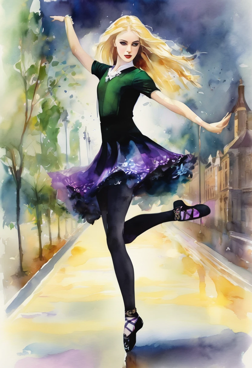 Irish Dance、Irish Danceを踊る少女、Northern Irish national costume、Black tights、Long, slender legs、Blonde Long Hair、watercolor画スタイル、watercolor、Dark Dance Hall Background、Highest quality、Ultra-high resolution、Golden Ratio