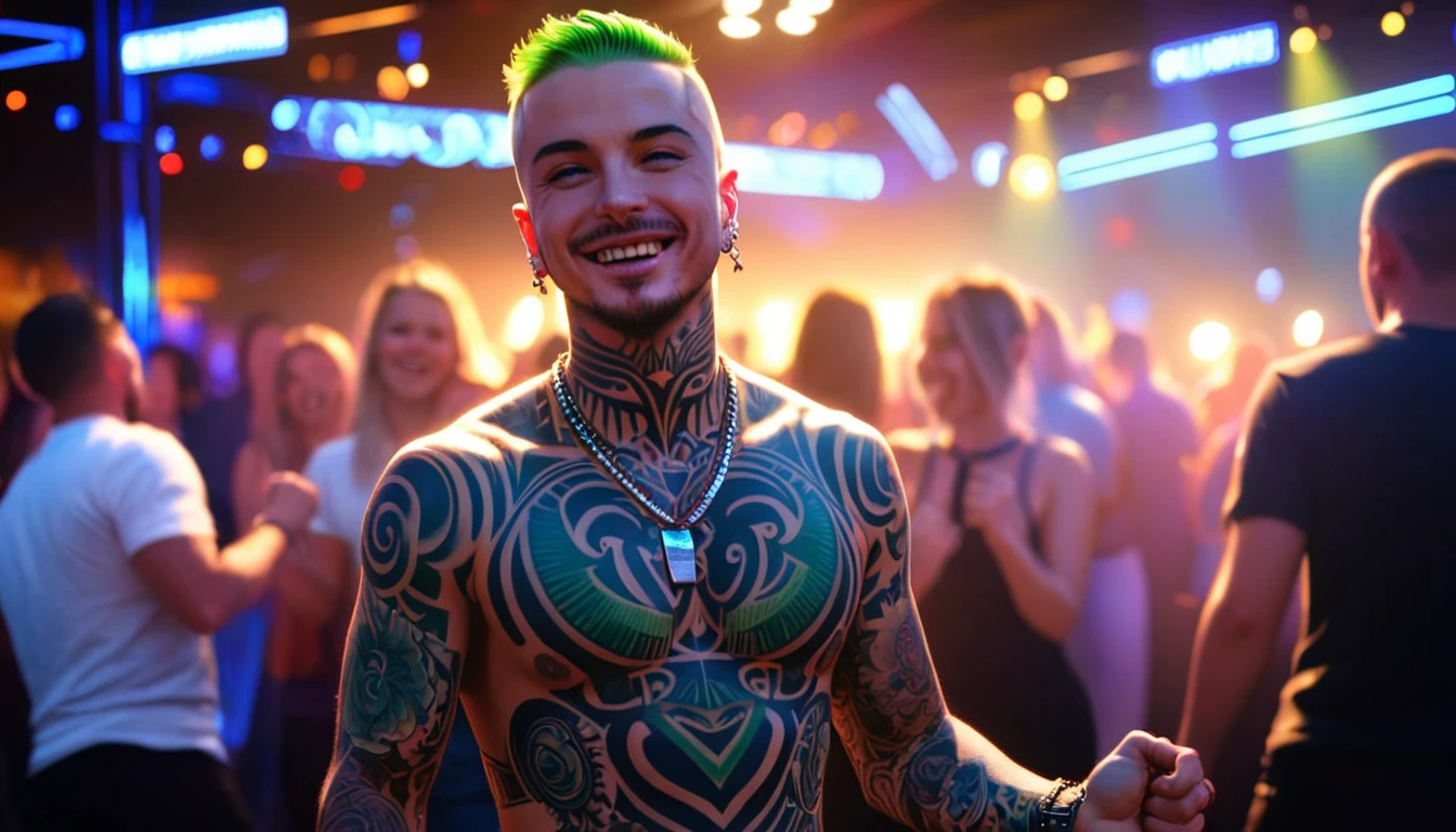 singer j balvin, green hair, (buzz cut hair,) beard wearing a necklace, (detailed body tattoo: 1.4), (detailed music club: 1.4), ((cinematic light)), (detailed faces: 1.4), highres, RAW photo 8k uhd, dslr, (bloom:1.1), (club with people dancing and enjoying the parties,) upbeat music playing in the background, vibrant and energetic atmosphere, vivid colors, happy face), (smoother lighting:1.05), (increase cinematic lighting quality:0.9),