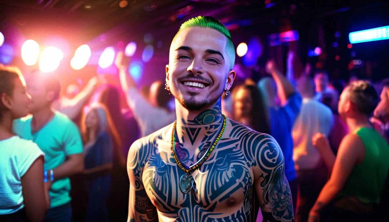 singer j balvin, green hair, (buzz cut hair,) beard wearing a necklace, (detailed body tattoo: 1.4), (detailed music club: 1.4), ((cinematic light)), (detailed faces: 1.4), highres, RAW photo 8k uhd, dslr, (bloom:1.1), (club with people dancing and enjoying the parties,) upbeat music playing in the background, vibrant and energetic atmosphere, vivid colors, happy face), (smoother lighting:1.05), (increase cinematic lighting quality:0.9),