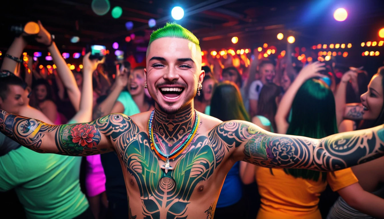 singer j balvin, green hair, (buzz cut hair,) beard wearing a necklace, (detailed body tattoo: 1.4), (detailed music club: 1.4), ((cinematic light)), (detailed faces: 1.4), highres, RAW photo 8k uhd, dslr, (bloom:1.1), (club with people dancing and enjoying the parties,) upbeat music playing in the background, vibrant and energetic atmosphere, vivid colors, happy face), (smoother lighting:1.05), (increase cinematic lighting quality:0.9),