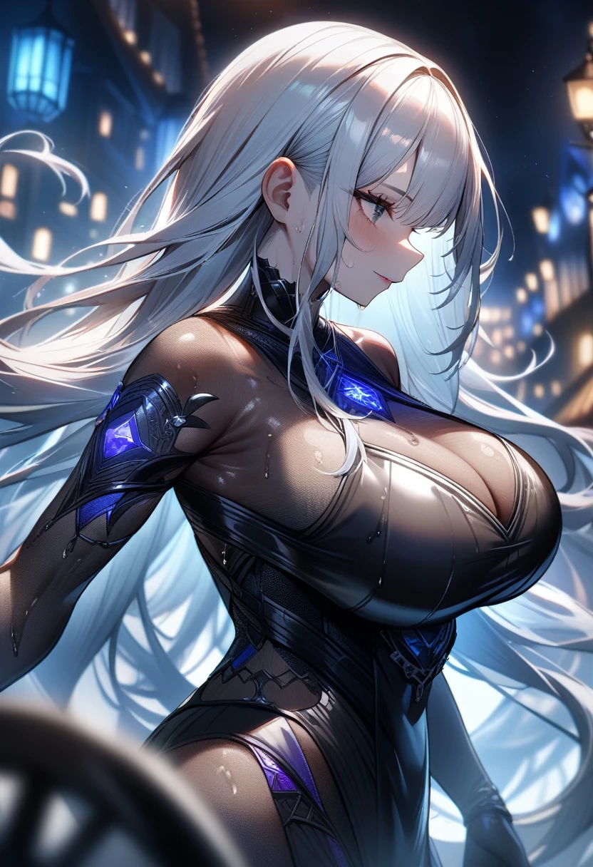 1girl,solo,super detailed skin,shiny skin,wet oily skin, natural face,eyelashes,white hair,long hair,large breasts,unique and complex clothes ,arm forward,magic circle,DonMM4g1cXL,from side,night fantasy town,masterpiece,best quality,ultra detailed,high resolution,sharp focus,depth of field