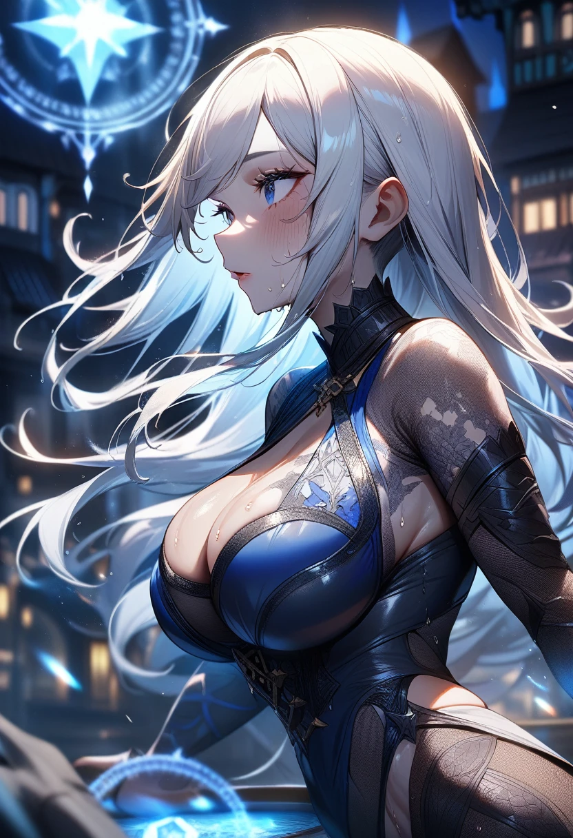 1girl,solo,super detailed skin,shiny skin,wet oily skin, natural face,eyelashes,white hair,long hair,large breasts,unique and complex clothes ,arm forward,magic circle,DonMM4g1cXL,from side,night fantasy town,masterpiece,best quality,ultra detailed,high resolution,sharp focus,depth of field