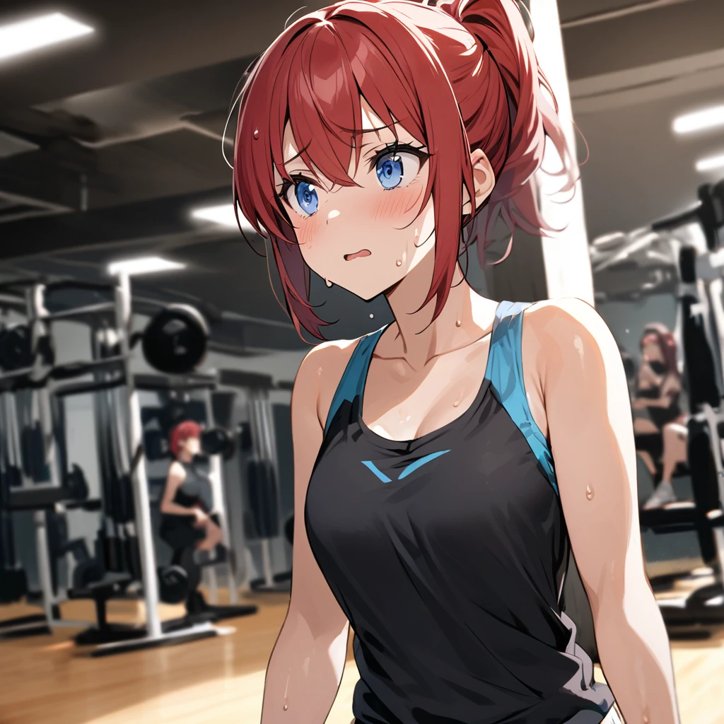 Young girl training in the gym, she is sweating, your short red hair and your blue eyes