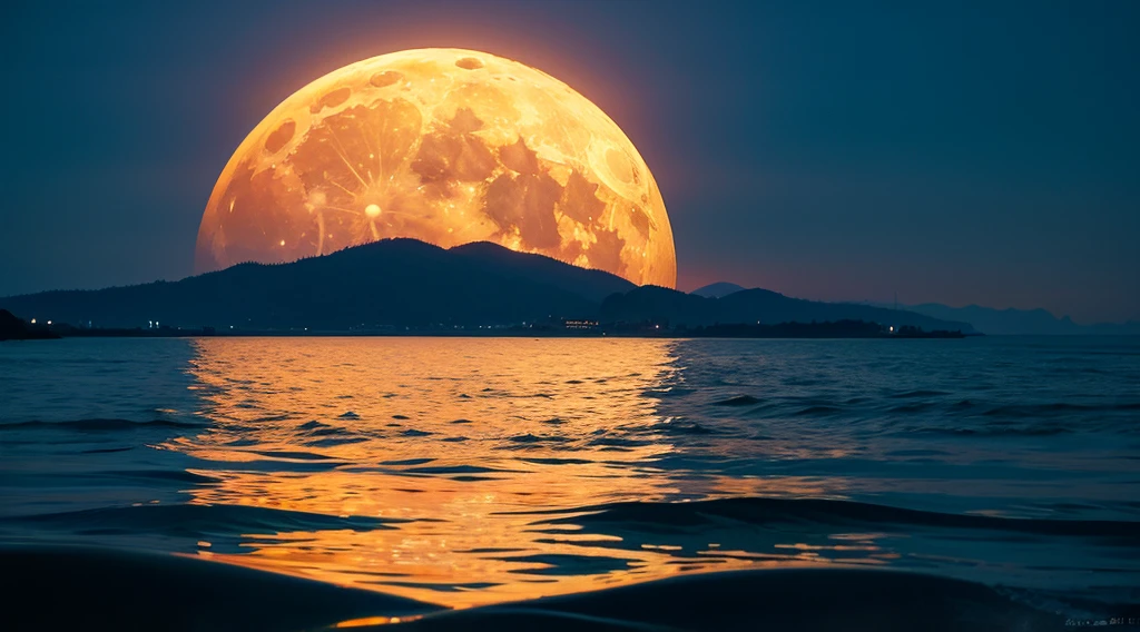 Sea of night、Big full moon、Generate a flat reflection image of the moon on water、8K.