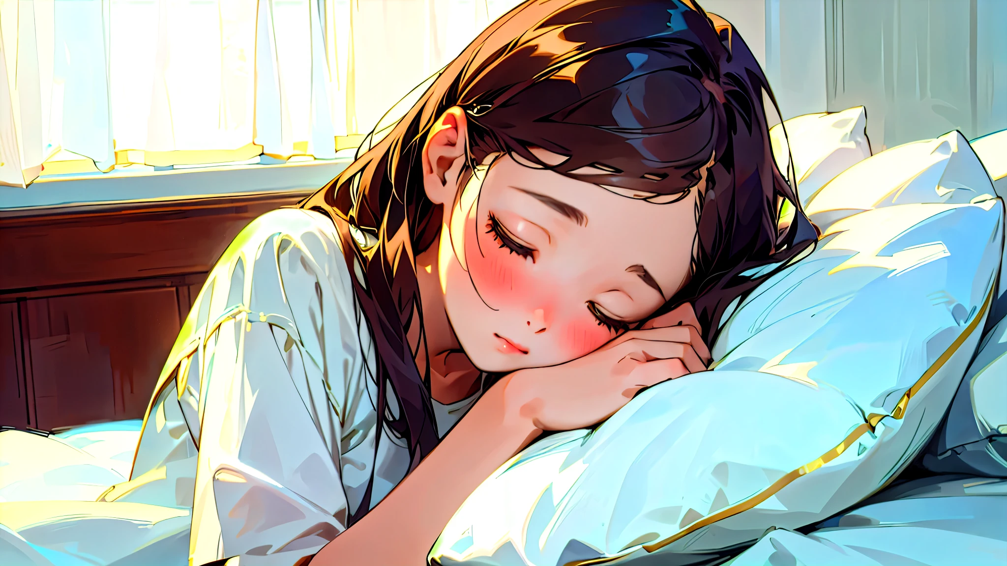 (Highest quality, masterpiece, Ultra-realistic), Beautiful and delicate１５Year-old girl portrait, With a calm and gentle expression, The background is the bedroom at home.。While listening to music with headphones、Sleeping。