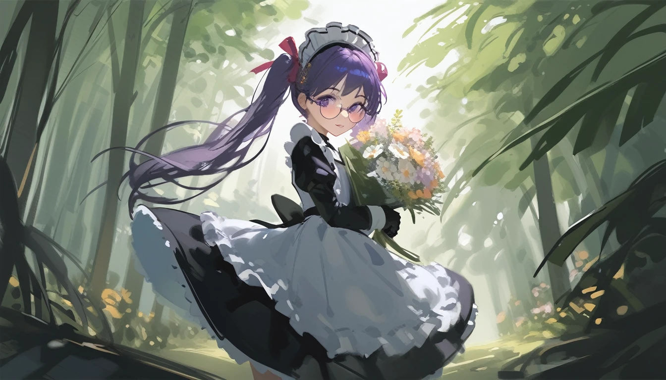 Ciloranko,  wlop, 1girl,  独奏,  flower,  bouquet,  purple eyes,  maid headdress,  looking at viewer,  maid,  apron,  full body, long hair, twintails,  holding,  white background,  long sleeves,  holding bouquet,  dress,  bow,  juliet sleeves,  puffy sleeves,  blush,  Spring Flowering Forest, parted lips,  frills,  ribbon,  two side up,  hair bow,  maid apron one girl, super high quality, Super Detail, Super Detailed image, long hair, looking at viewer, skirt, shirt, hair ornament, violet eyes,black gloves, round glasses, long sleeves,violet hair, round glasses, Flat Chest, smile